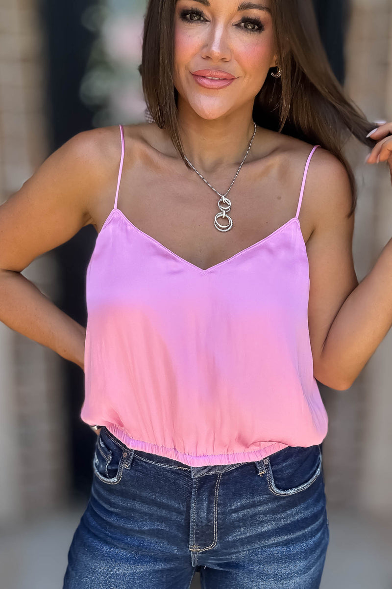 Solid Soft Bubble Gum Elastic Band Crop Silky Cami Bubble Top