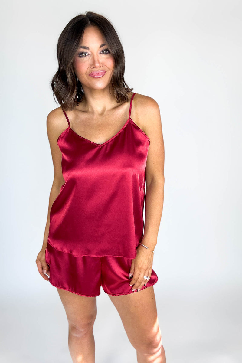 Good Night Burgundy Satin Cami & Short 2 Piece Set