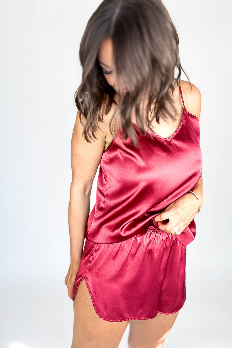 Good Night Burgundy Satin Cami & Short 2 Piece Set