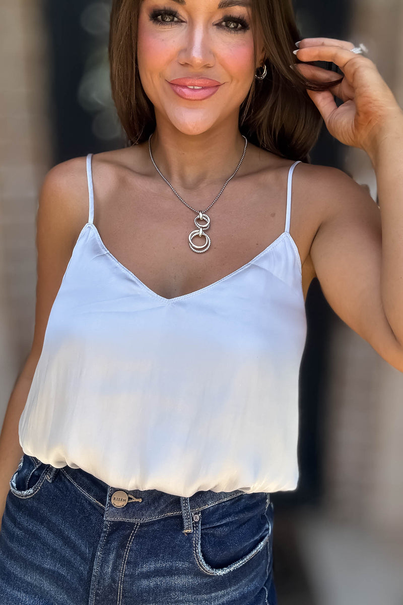 Solid Soft Silver Grey Elastic Band Crop Silky Cami Bubble Top
