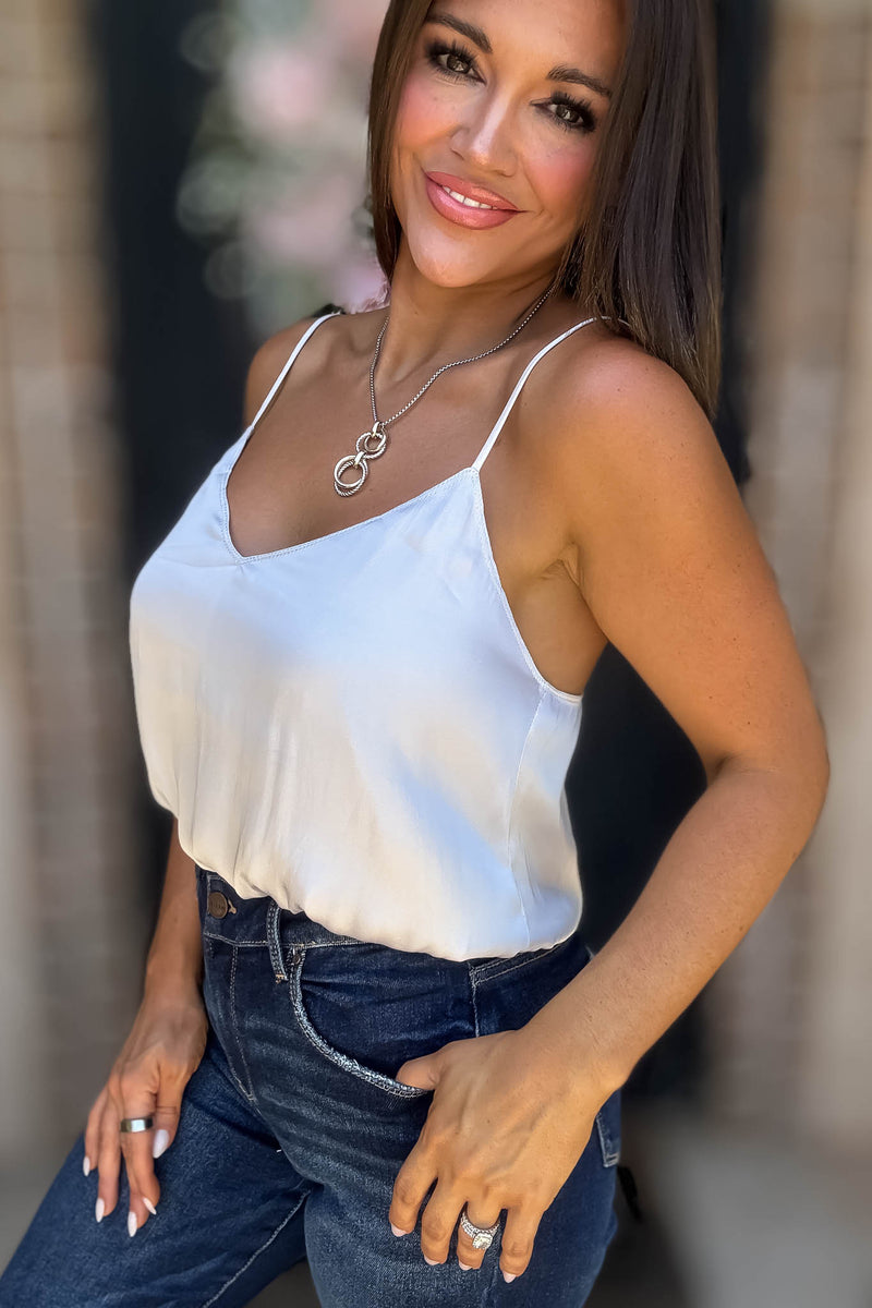Solid Soft Silver Grey Elastic Band Crop Silky Cami Bubble Top