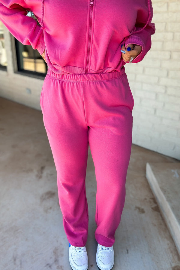 Perfect Pair Satin Rose Straight Side Pockets Fleece Sweat Pants