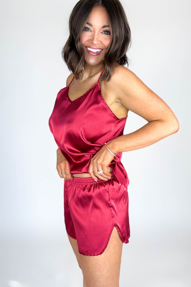 Good Night Burgundy Satin Cami & Short 2 Piece Set