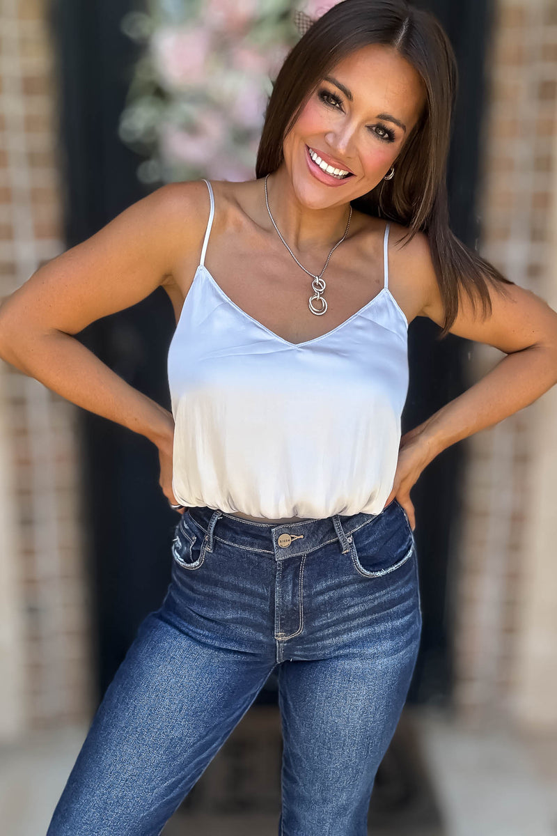 Solid Soft Silver Grey Elastic Band Crop Silky Cami Bubble Top