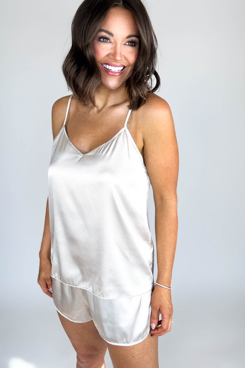 Good Night Sand Beige Satin Cami & Short 2 Piece Set