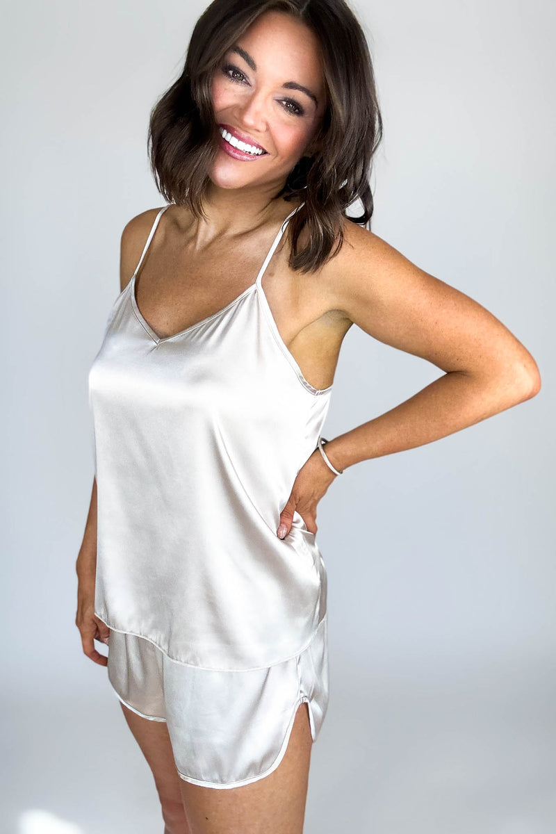 Good Night Sand Beige Satin Cami & Short 2 Piece Set