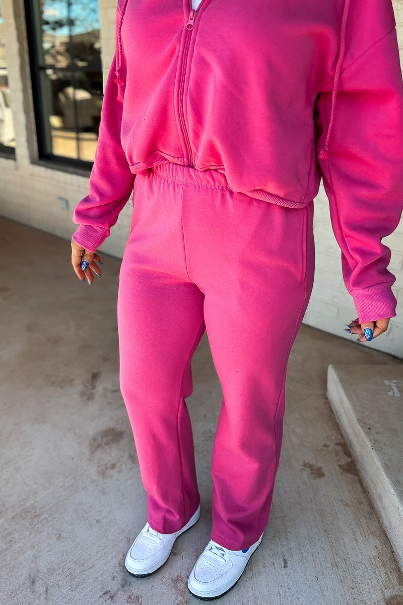 Perfect Pair Satin Rose Straight Side Pockets Fleece Sweat Pants