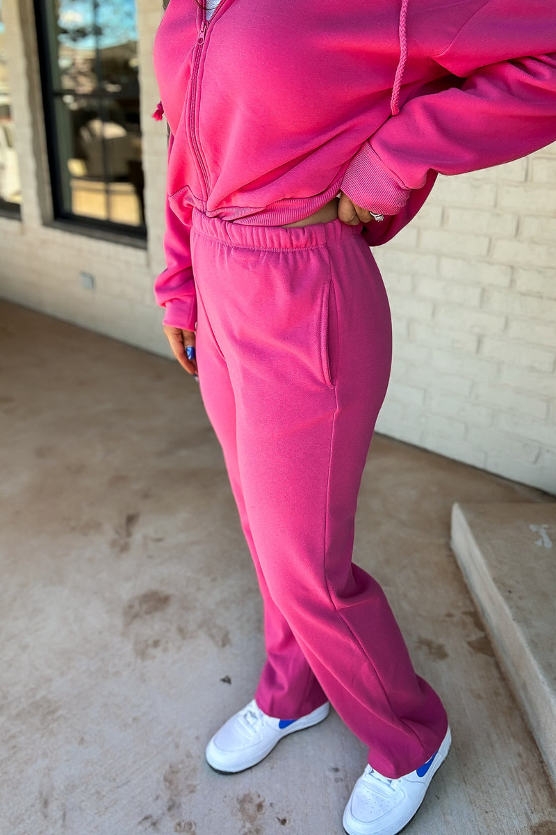 Perfect Pair Satin Rose Straight Side Pockets Fleece Sweat Pants