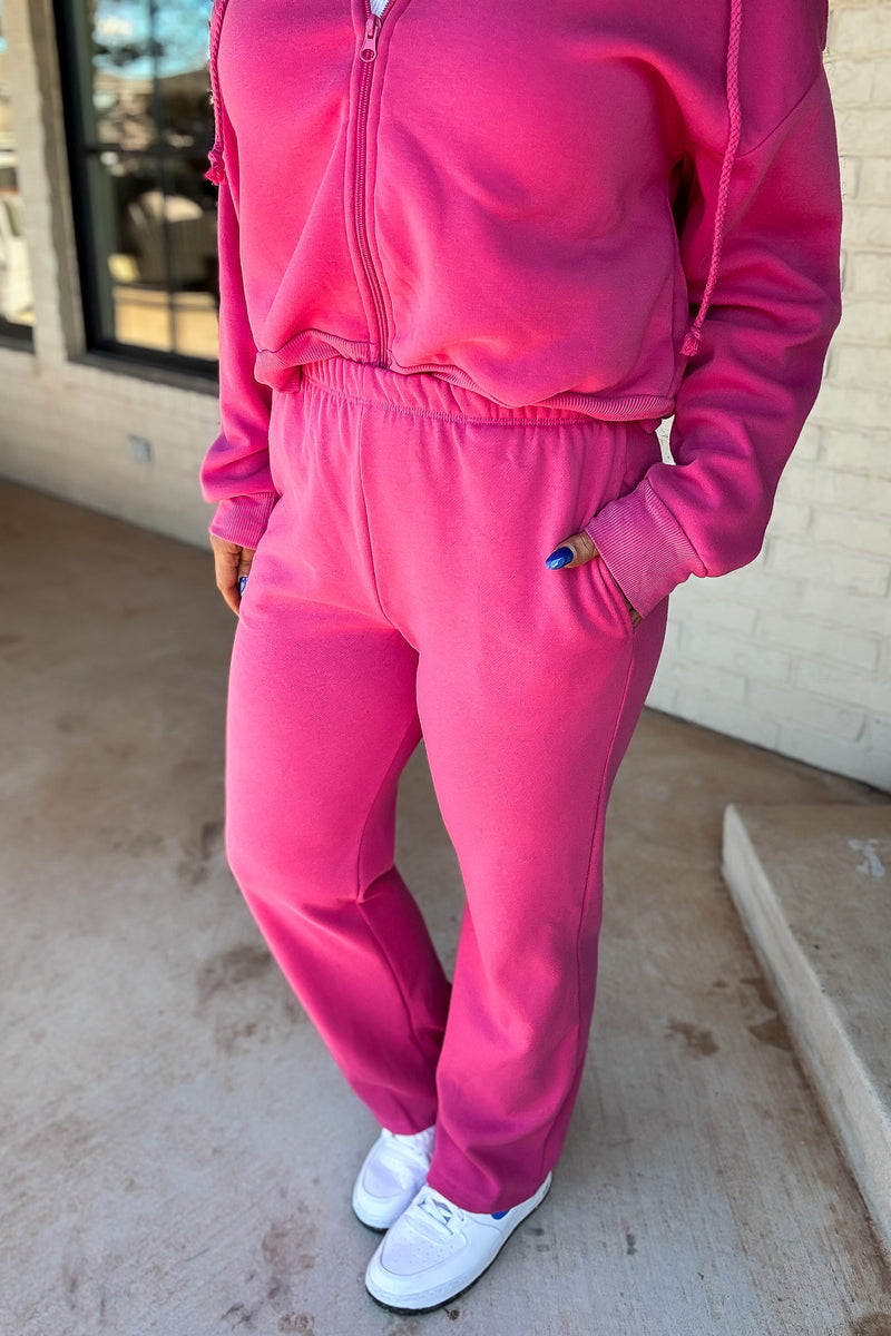 Perfect Pair Satin Rose Straight Side Pockets Fleece Sweat Pants