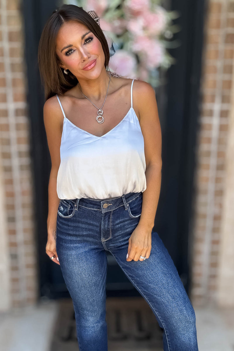 Solid Soft Silver Grey Elastic Band Crop Silky Cami Bubble Top