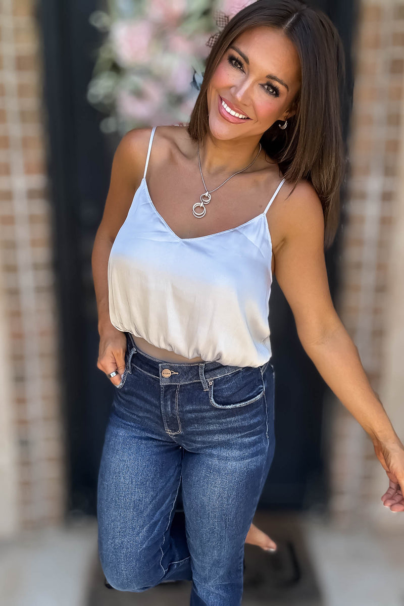 Solid Soft Silver Grey Elastic Band Crop Silky Cami Bubble Top