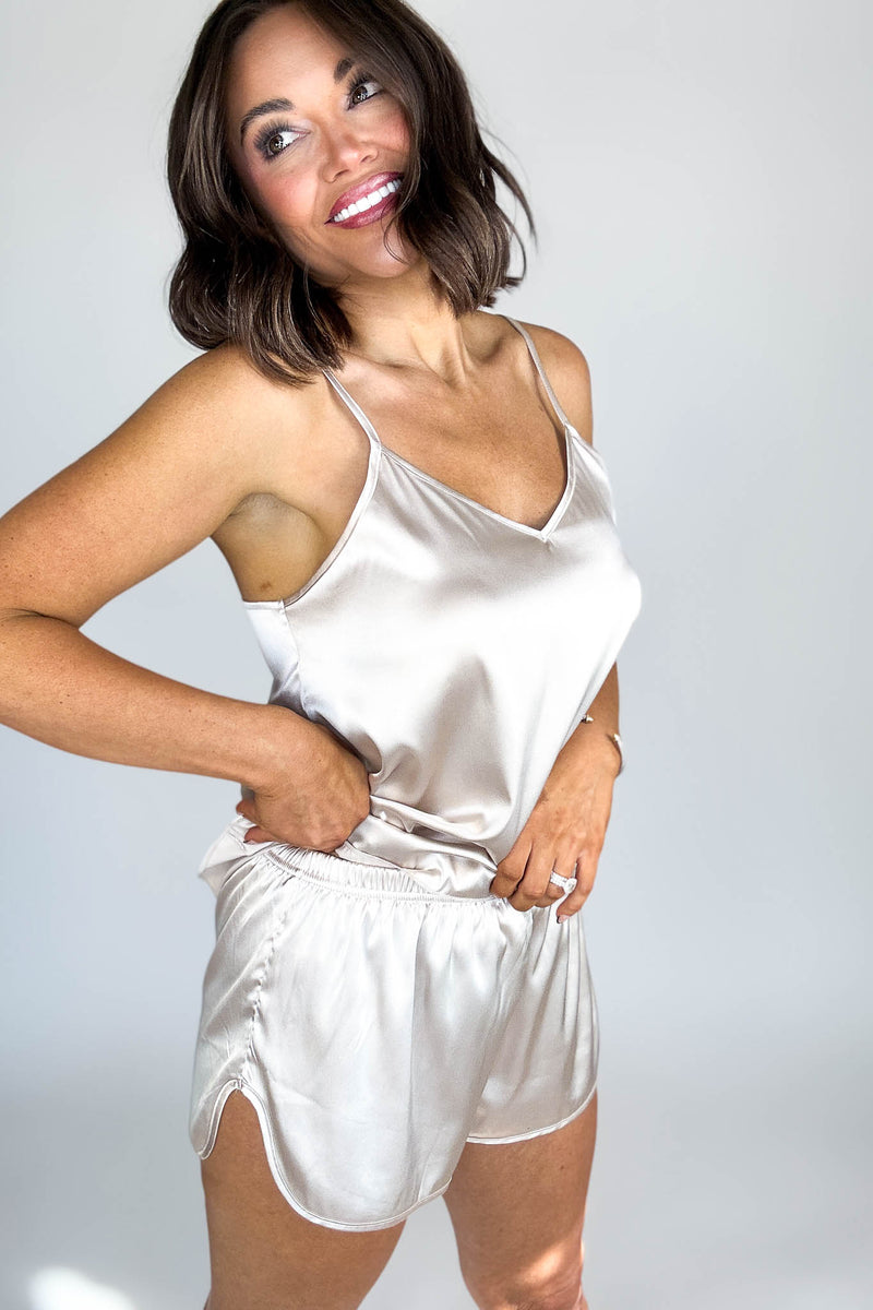 Good Night Sand Beige Satin Cami & Short 2 Piece Set