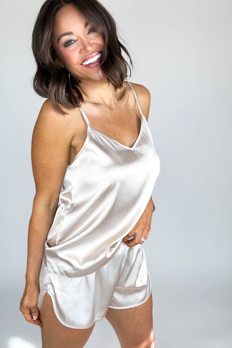 Good Night Sand Beige Satin Cami & Short 2 Piece Set