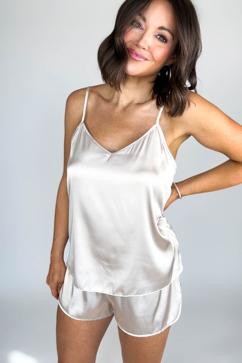 Good Night Sand Beige Satin Cami & Short 2 Piece Set