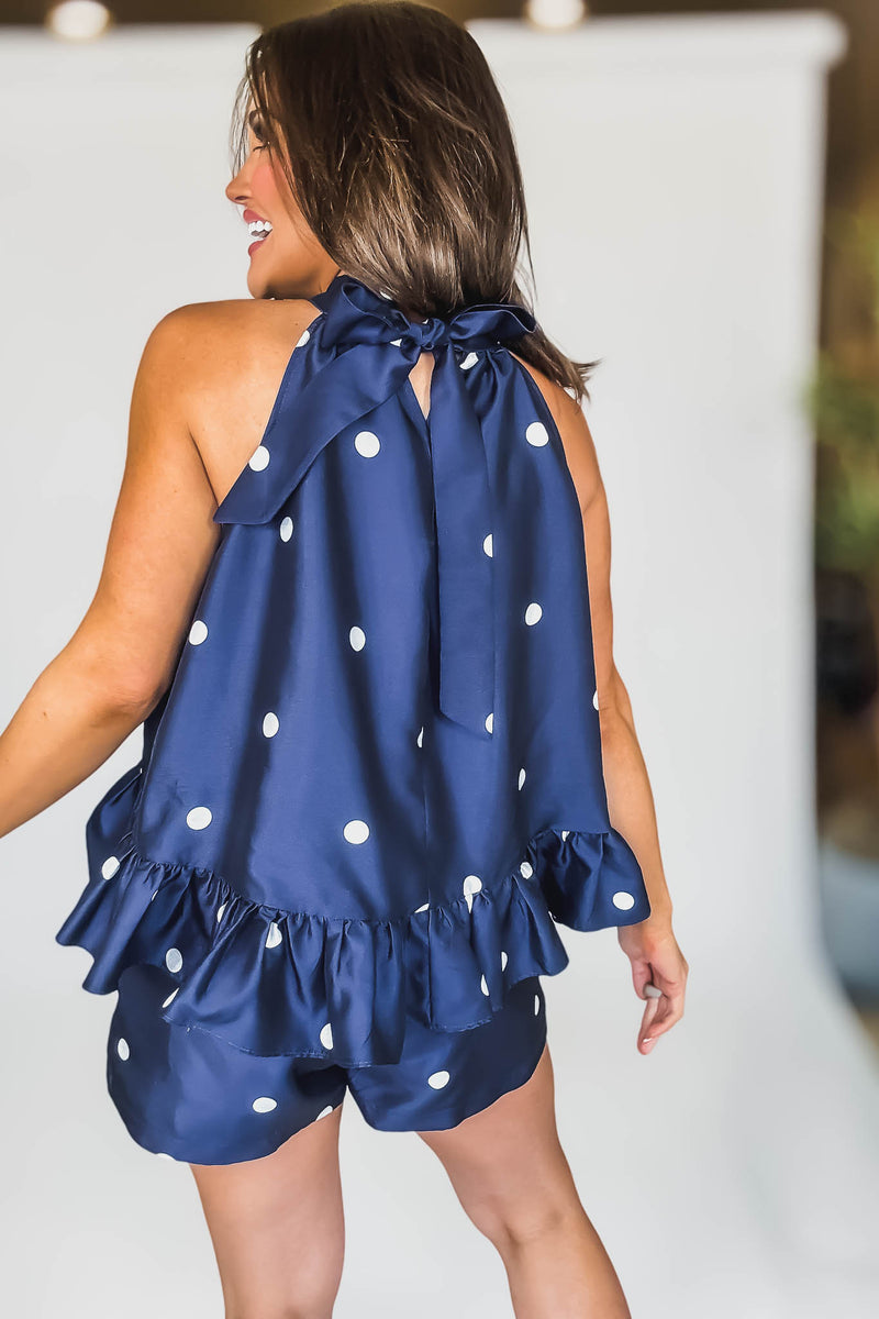Mable POLKA DOT HI LOW RUFFLED HALTER TOP AND SHORTS SET