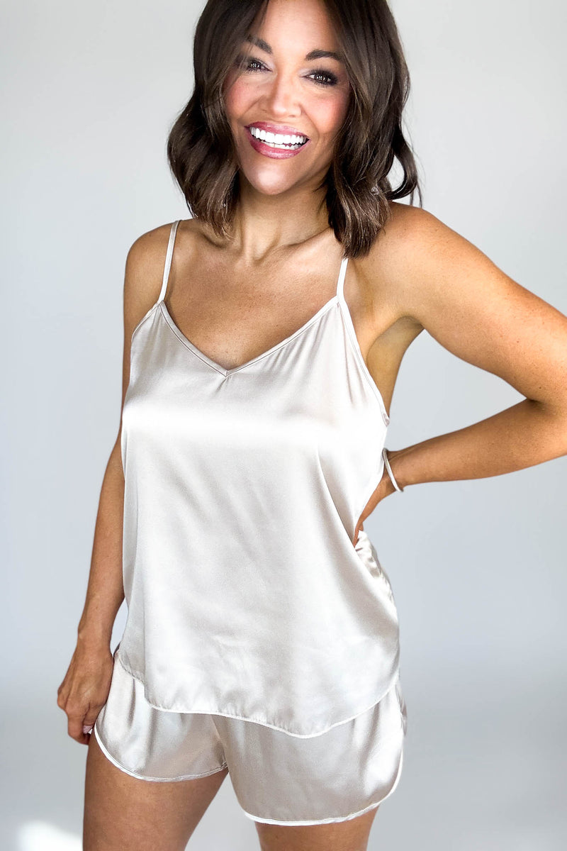 Good Night Sand Beige Satin Cami & Short 2 Piece Set