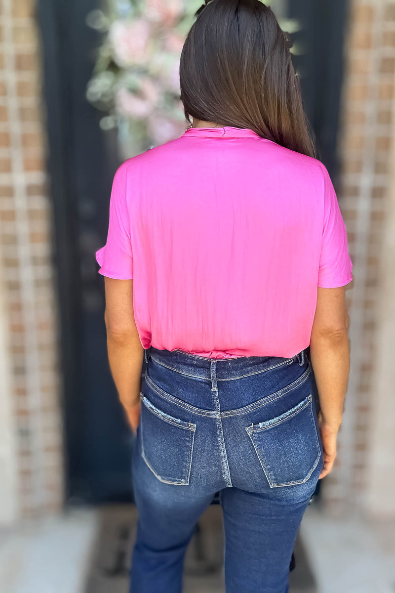 Cuffed Hot Pink Sleeve Button Front V Neck Wrap Bodysuit
