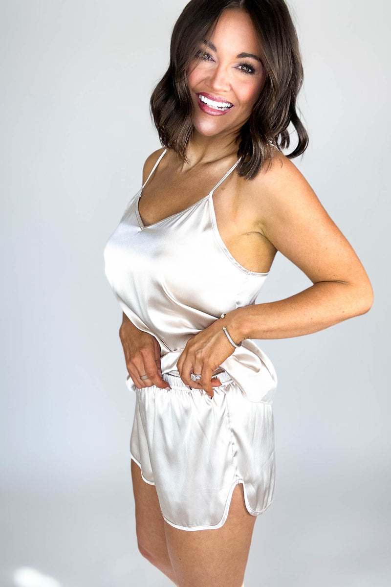 Good Night Sand Beige Satin Cami & Short 2 Piece Set