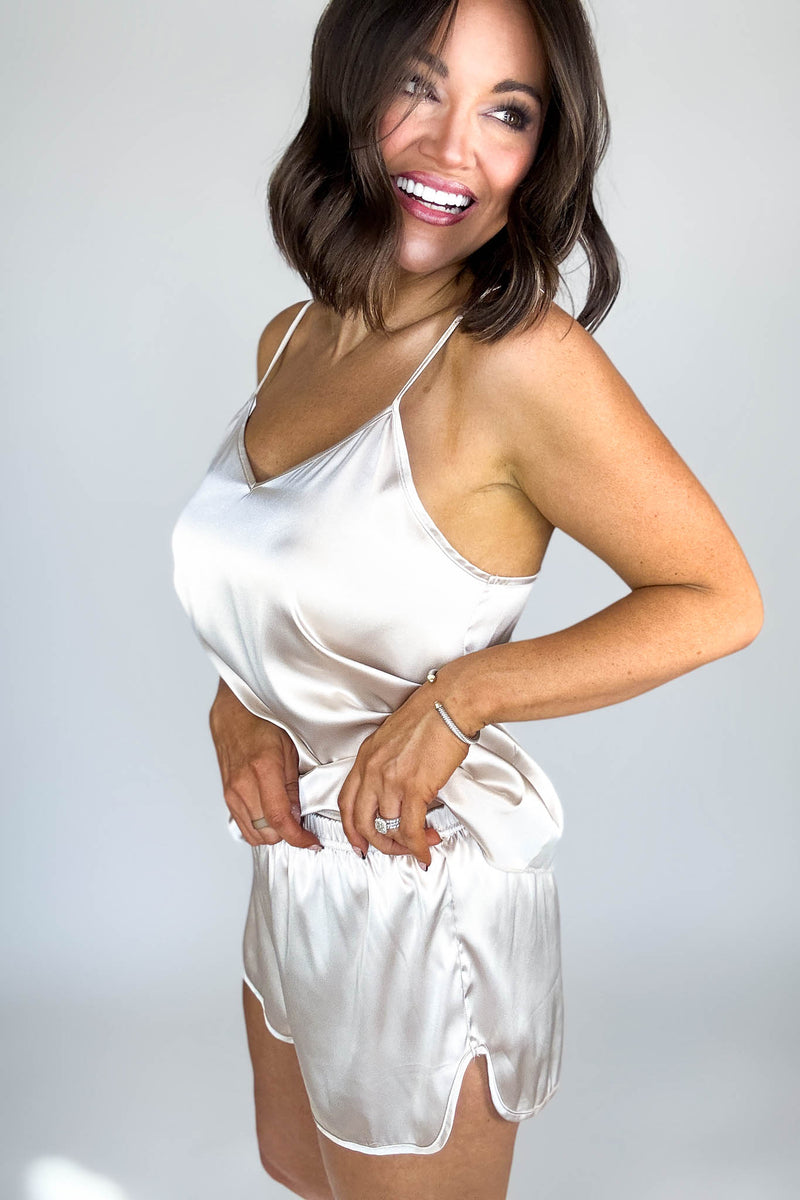 Good Night Sand Beige Satin Cami & Short 2 Piece Set