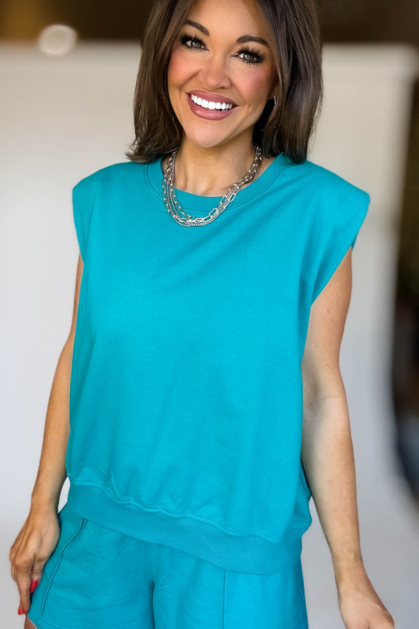 French Terry Teal Sleeveless Top