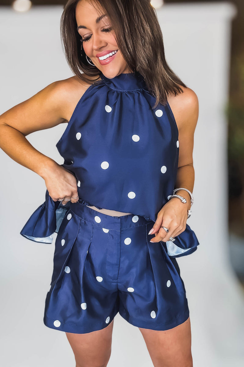 Mable POLKA DOT HI LOW RUFFLED HALTER TOP AND SHORTS SET