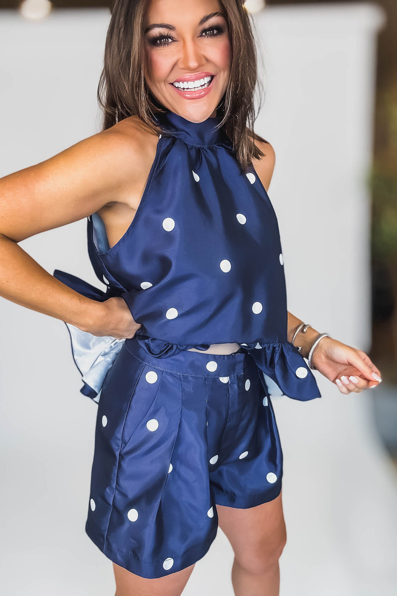 Mable POLKA DOT HI LOW RUFFLED HALTER TOP AND SHORTS SET