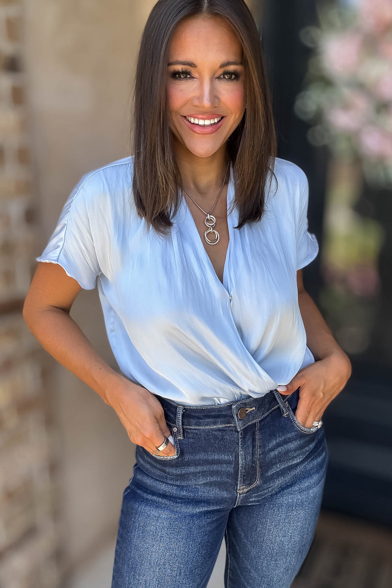Cuffed Light Blue Sleeve Button Front V Neck Wrap Bodysuit