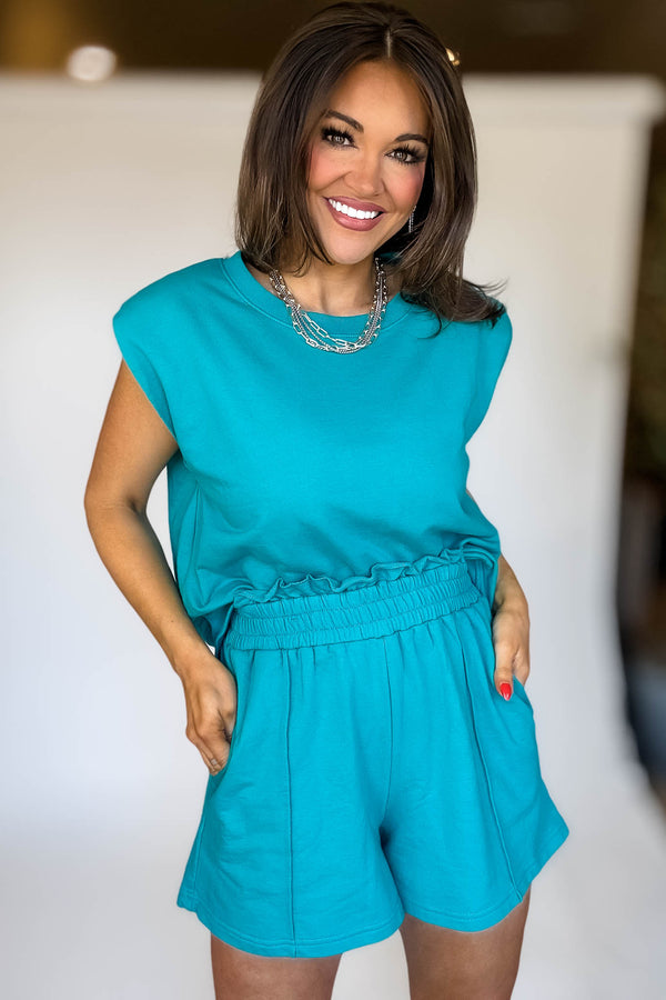 French Terry Teal Sleeveless Top