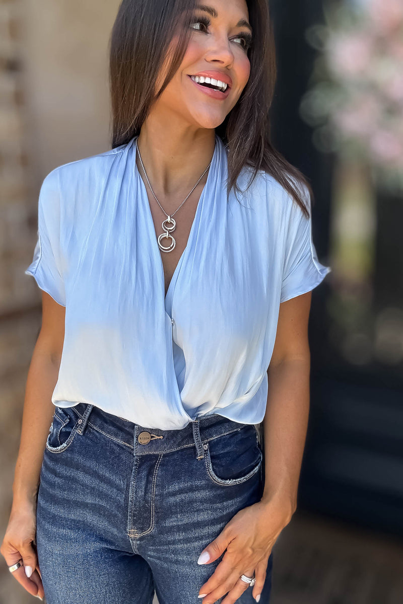 Cuffed Light Blue Sleeve Button Front V Neck Wrap Bodysuit