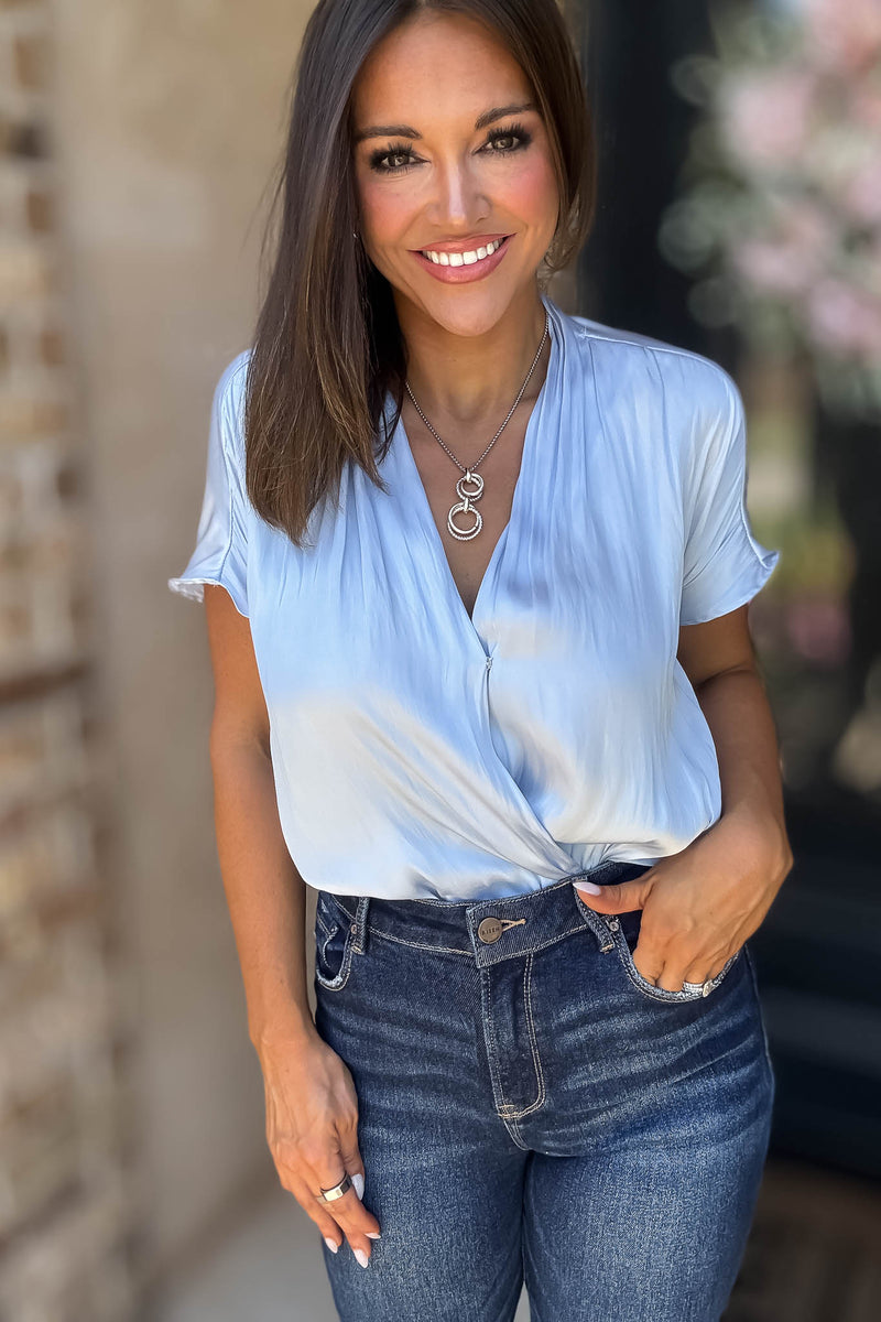 Cuffed Light Blue Sleeve Button Front V Neck Wrap Bodysuit