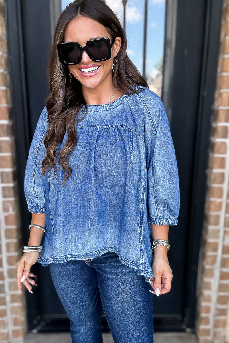 Mineral Washed Denim 3/4 Sleeve Top