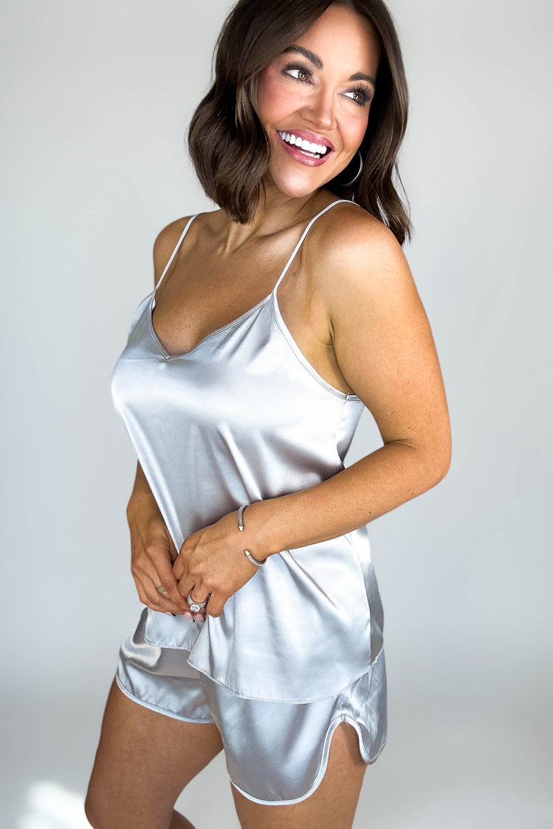 Good Night Silver Satin Cami & Short 2 Piece Set