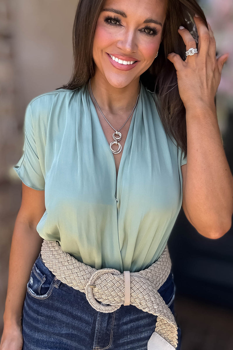 Cuffed Sage Sleeve Button Front V Neck Wrap Bodysuit