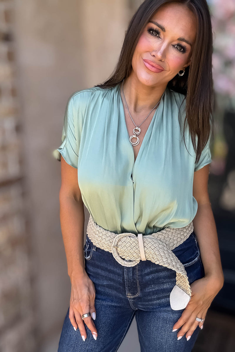 Cuffed Sage Sleeve Button Front V Neck Wrap Bodysuit