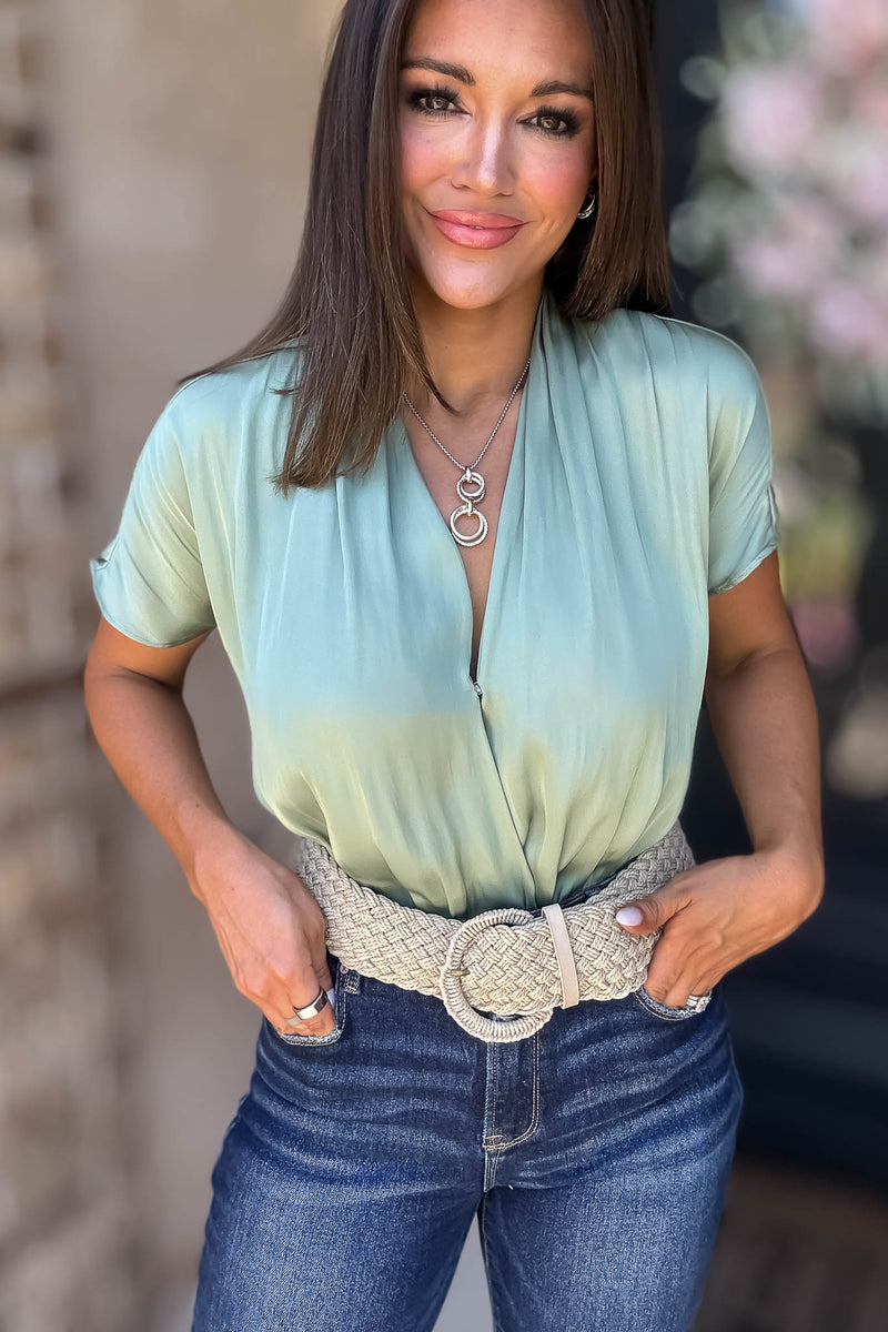 Cuffed Sage Sleeve Button Front V Neck Wrap Bodysuit