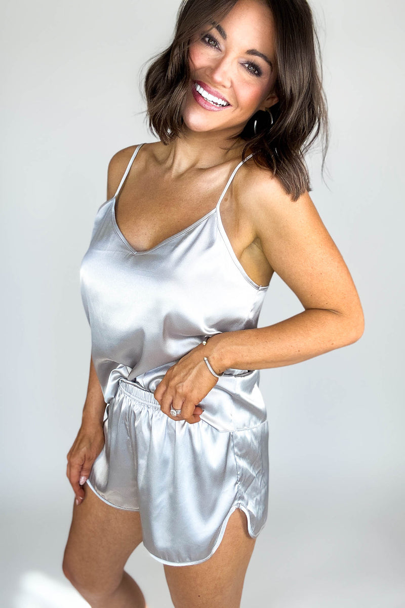 Good Night Silver Satin Cami & Short 2 Piece Set