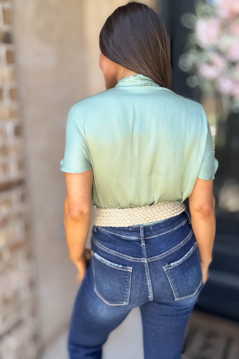 Cuffed Sage Sleeve Button Front V Neck Wrap Bodysuit