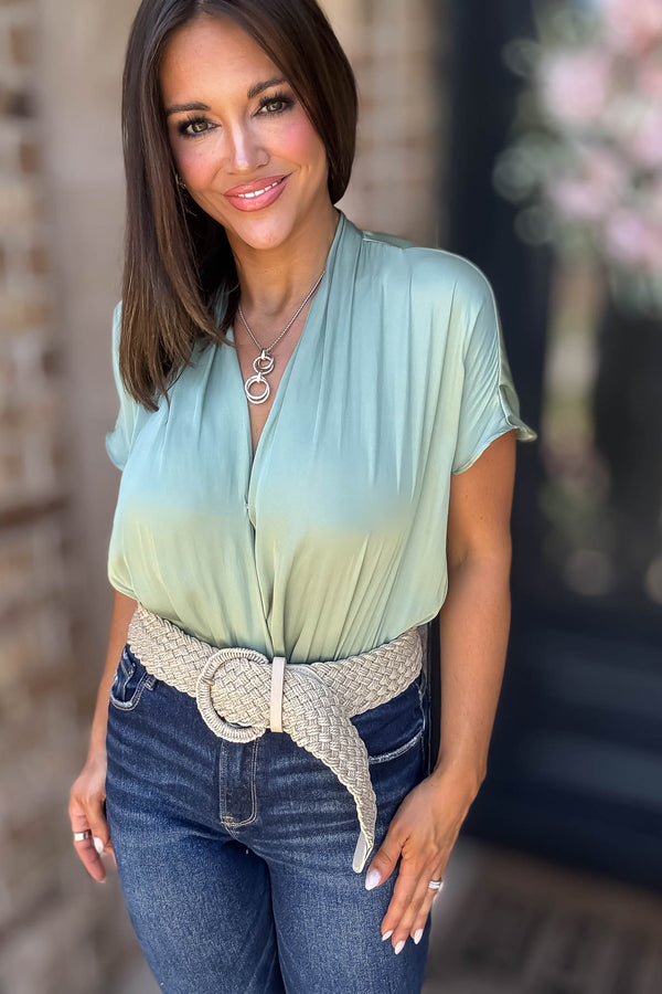 Cuffed Sage Sleeve Button Front V Neck Wrap Bodysuit