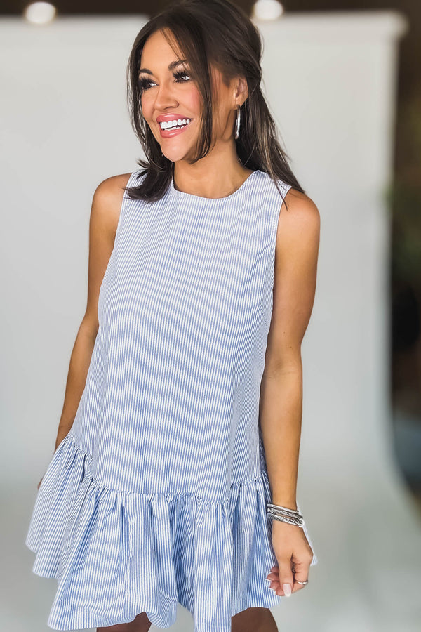 Mable PIN STRIPE SLEEVELESS RUFFLE HEM MINI DRESS