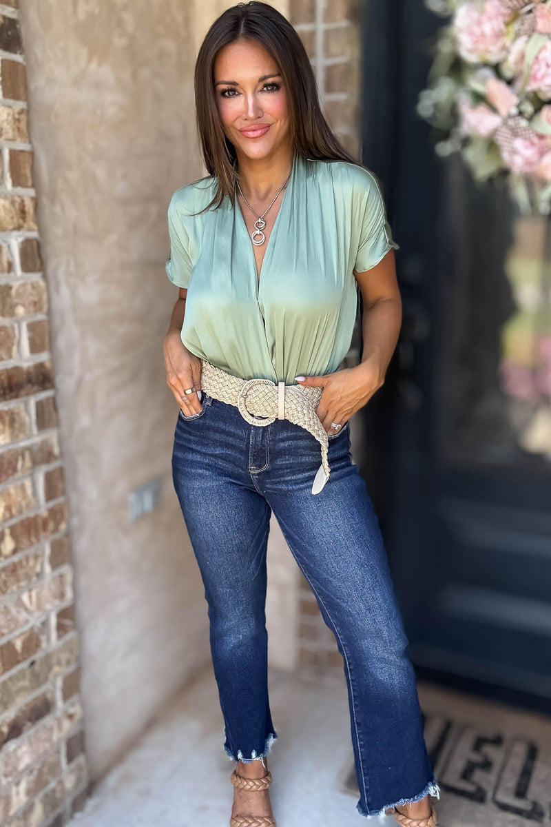 Cuffed Sage Sleeve Button Front V Neck Wrap Bodysuit