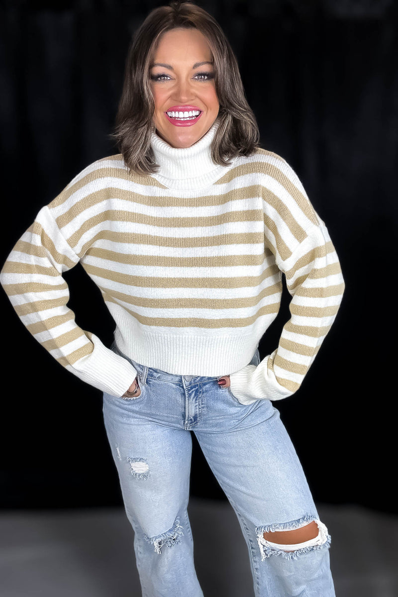 Alpine Cream And Taupe Striped Turtleneck Sweater