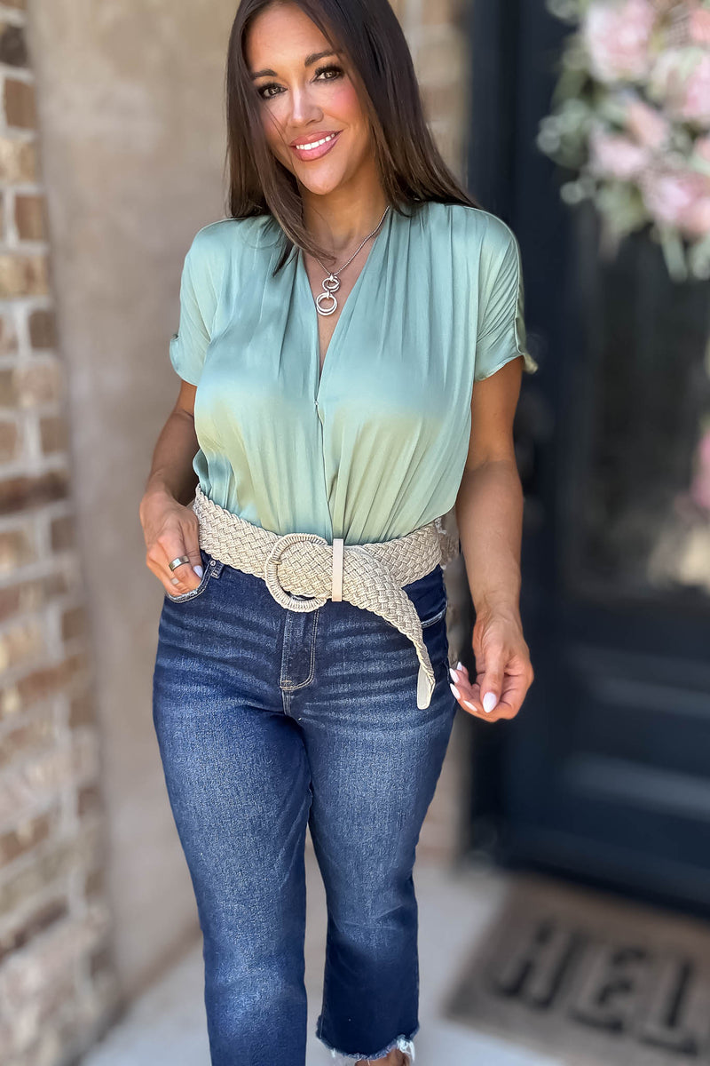 Cuffed Sage Sleeve Button Front V Neck Wrap Bodysuit
