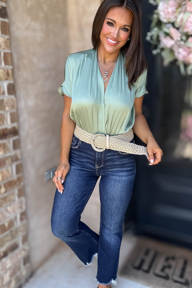 Cuffed Sage Sleeve Button Front V Neck Wrap Bodysuit