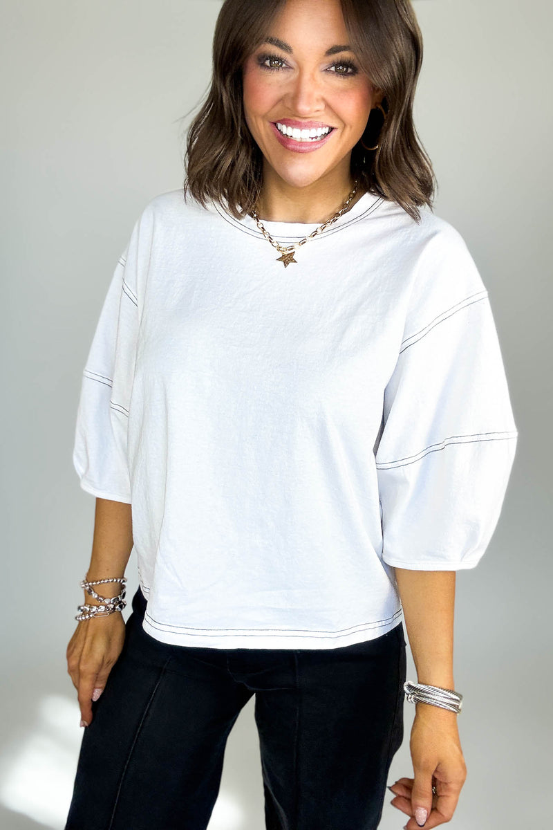 3/4 White Balloon Sleeve Top