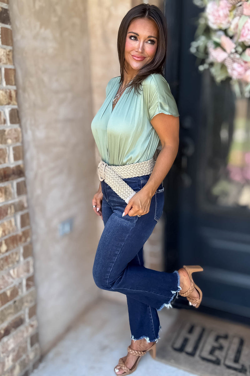 Cuffed Sage Sleeve Button Front V Neck Wrap Bodysuit