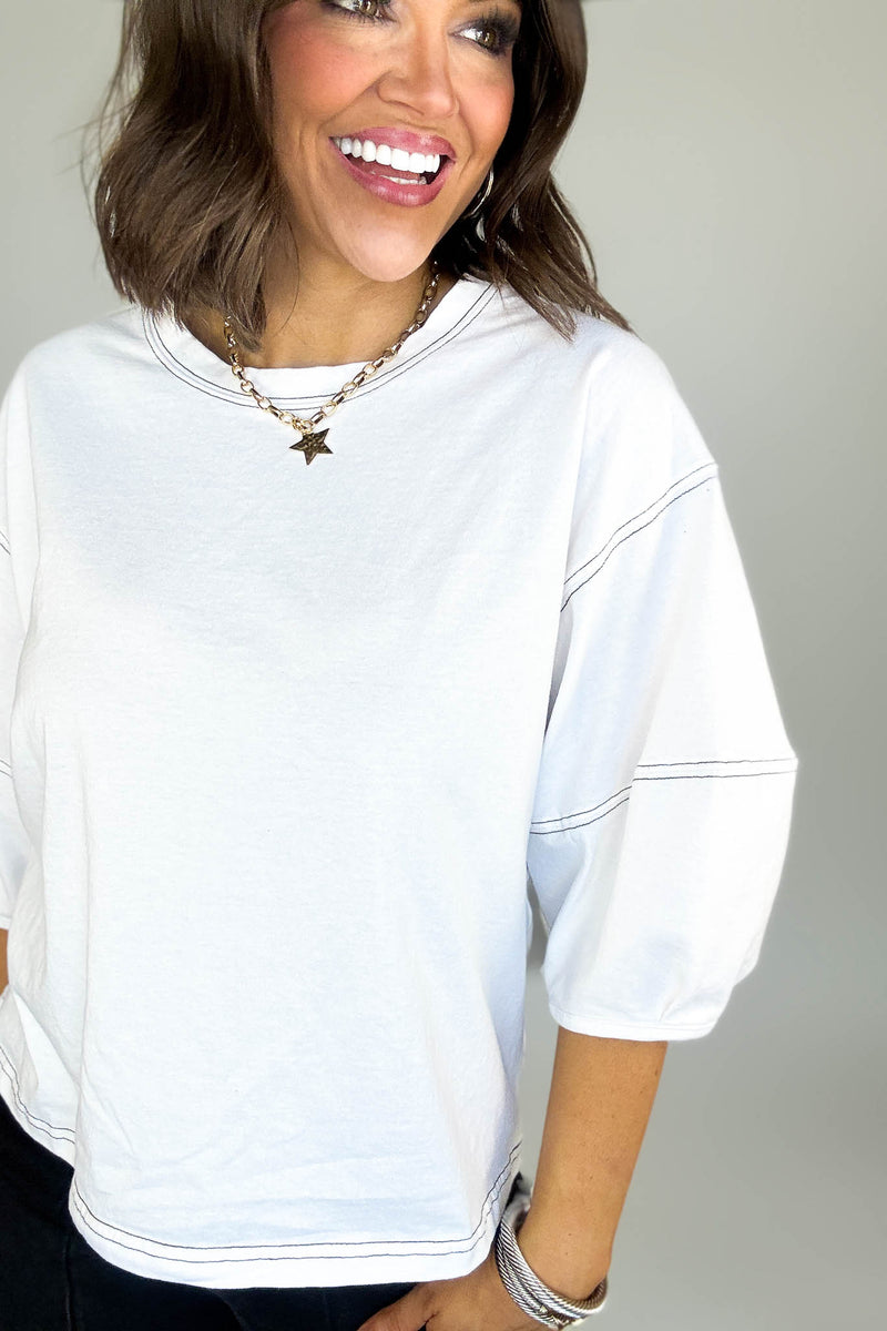 3/4 White Balloon Sleeve Top