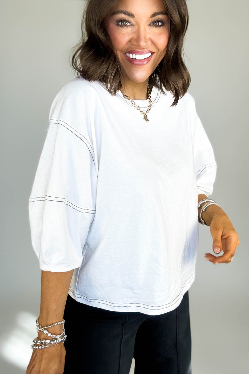 3/4 White Balloon Sleeve Top