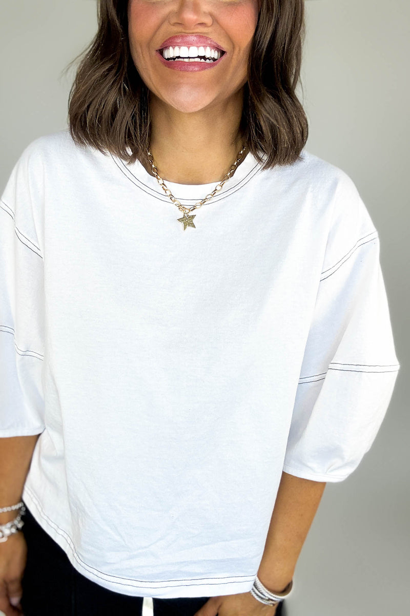 3/4 White Balloon Sleeve Top