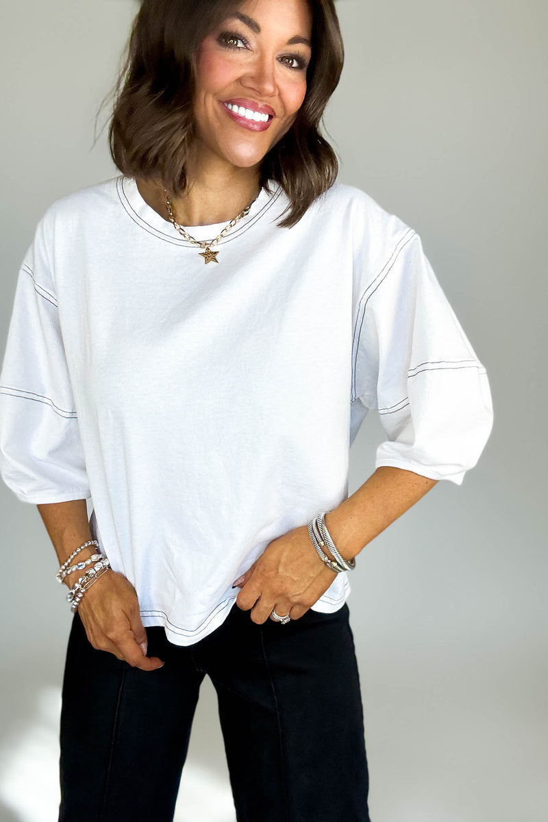 3/4 White Balloon Sleeve Top