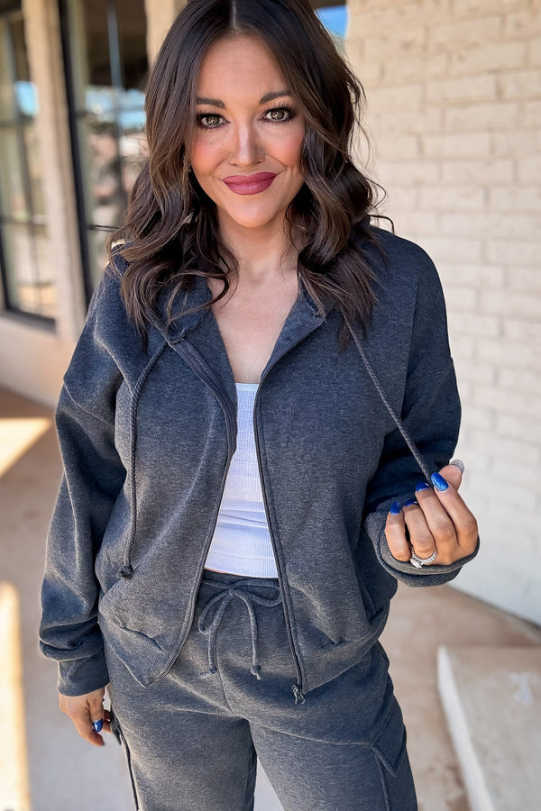 So Popular Heather Charcoal Basic Fleece Zip Up Hoodie